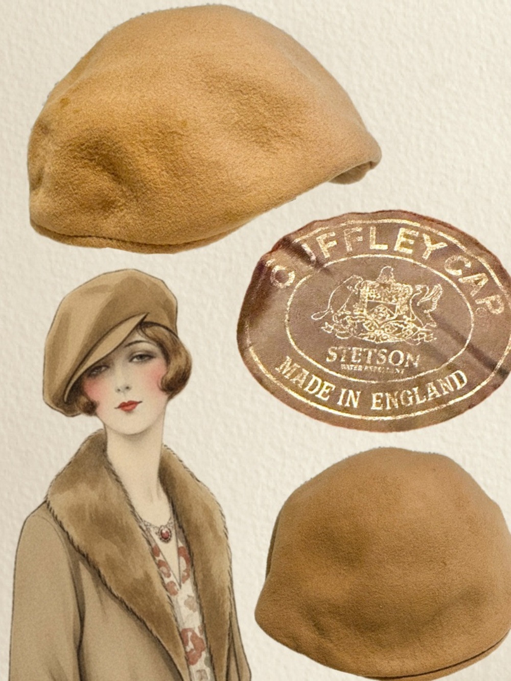 VINTAGE Stetson Cuffley Cap English hat camel wood felt cloche newsboy beret 60s